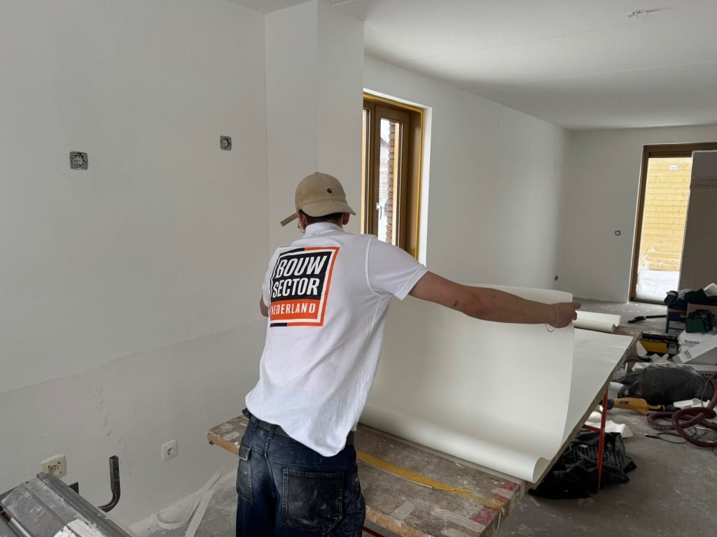 Behanger van Bouwsector Nederland brengt een baan renovlies aan op een kale wand