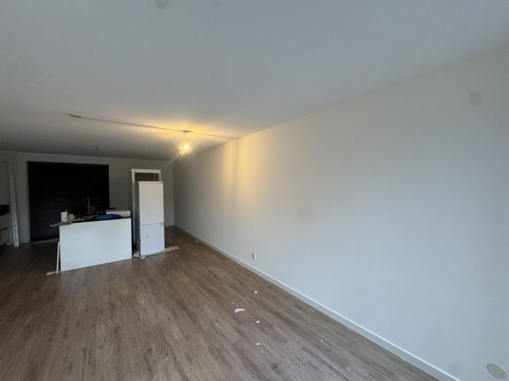 Woonkamer met gladde witte wanden, een houten vloer en een keukenblok